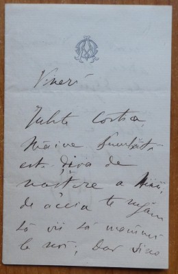 Scrisoare expediata de Alexandru Odobescu, scrisa olograf, pe hartie cu filigran foto