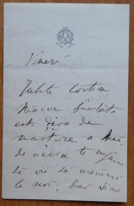 Scrisoare expediata de Alexandru Odobescu, scrisa olograf, pe hartie cu filigran