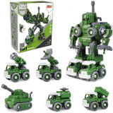 Robot Transformer DIY in 5 Masini Militare, Linomag&reg;, Vehicul artilerie, Tun cu apa, Lansator de rachete, Sistem radar, Tanc, Surubelnita Inclusa, + 3