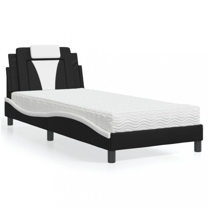 vidaXL Pat cu saltea, negru și alb, 90x200 cm, piele ecologică