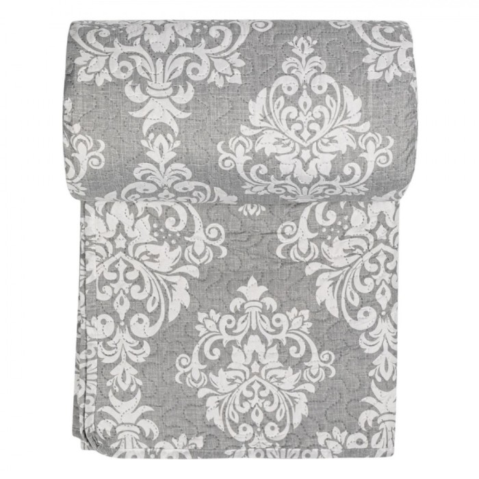 Cuvertură Pat Dublu, Model Damask, Material Poliester, Culoare Gri, Dimensiuni 220x240cm