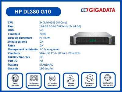 HP DL380 G10 2x Gold 6148 128GB P408i 2x PS Server 6 Luni Garantie foto