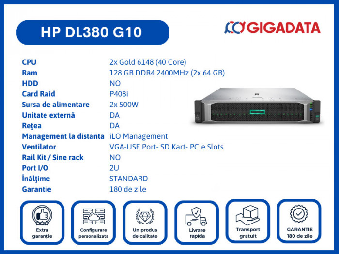 HP DL380 G10 2x Gold 6148 128GB P408i 2x PS Server 6 Luni Garantie