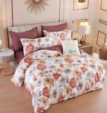 Cumpara ieftin Lenjerie pat dublu,bumbac finet,6 piese,cearceaf cu elastic,alba grena cu flori colorate-A809, Jojo Home