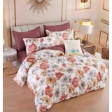 Lenjerie pat dublu,bumbac finet,6 piese,cearceaf cu elastic,alba grena cu flori colorate-A809