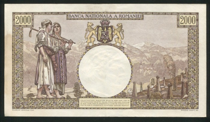 u592 ROMANIA 2000 lei 10 OCTOMBRIE 1944 filigran TRAIAN APROAPE NECIRCULATA aUNC