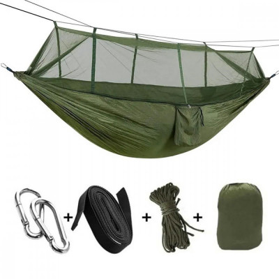 Hamac turistic din nylon cu plasa de tantari, culoare verde, dimensiuni 260 cm foto