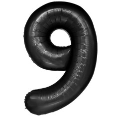 Balon din folie metalizata, flippy, figurina cifra, tema aniversare 80 cm, ambalaj individual, pai inclus, umflare cu aer sau heliu, negru, cifra 9