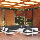 Gossi set mobilier gradina cu perne, 12 piese, alb, lemn masiv pin