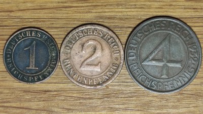 Germania nazista / Weimar - set 3 monede frumoase - 1 + 2 + 4 pfennig 1924 - 1929 - 1932 - ultima foarte rara foto
