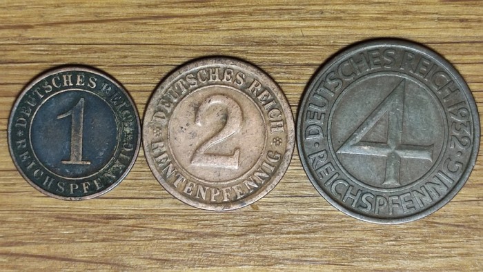 Germania nazista / Weimar - set 3 monede frumoase - 1 + 2 + 4 pfennig 1924 - 1929 - 1932 - ultima foarte rara
