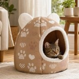 Pat Tip Cuib pentru Pisici, Taupe, cu Urechi 3D, 43x43x38cm, CMCLASS