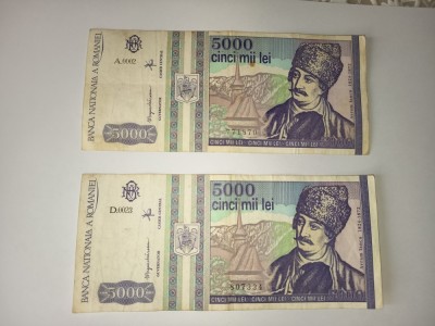 5000 lei 1993, Avram Iancu, seria A.0002 si D.0023 2 bucăti foto