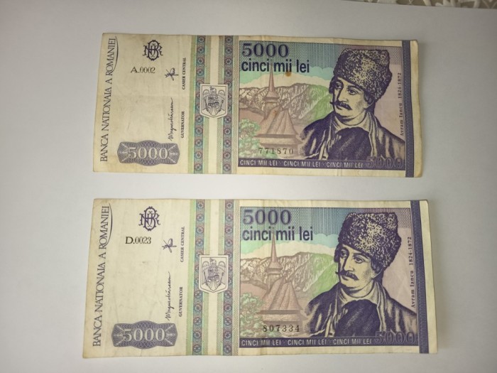 5000 lei 1993, Avram Iancu, seria A.0002 si D.0023 2 bucăti