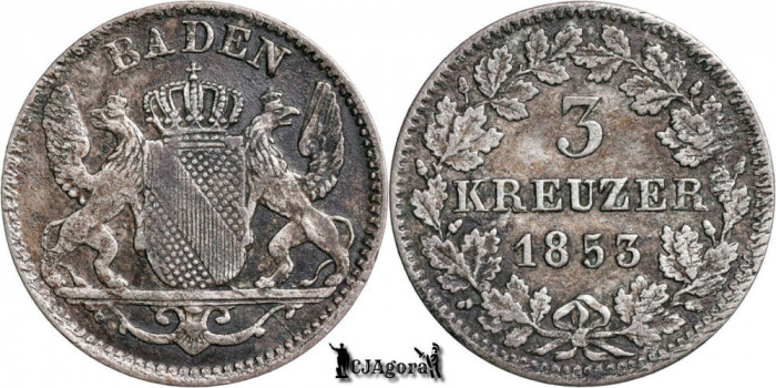 1853, 3 Kreuzer - Ludovic al II-lea - Marele Ducat de Baden