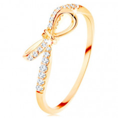 Inel de aur galben de 14K - zirconiu decorat cu o fundiță, brațe înguste - Marime inel: 54