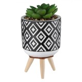 Ghiveci Decorativ Ceramic, Model Sculptat, Picioare Lemn, Plantă Artificială, 7xH14cm, Negru, Oem