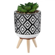 Ghiveci Decorativ Ceramic, Model Sculptat, Picioare Lemn, Plantă Artificială, 7xH14cm, Negru
