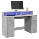 vidaXL Birou Gaming si Lucru, 140x55x91cm, cu Lumini LED RGB, Spatiu Amplu de Depozitare, Sertare, Gri Beton, Lemn Prelucrat. Ideal PC/Office.