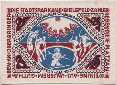 GERMANIA BIELEFELD 25 Mark 1921 Silk Matase Notgeld AUNC foto