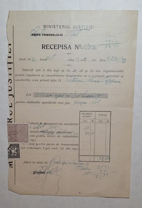 Recepisă Ministerul Justiției 1920 &ndash; Drepturi de exploatare petrol și ozocerită