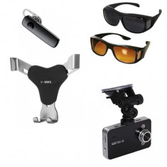 Kit auto: Camera auto FULL HD 1080 + suport telefon + casca cu bluetooth + 2 ochelari de condus