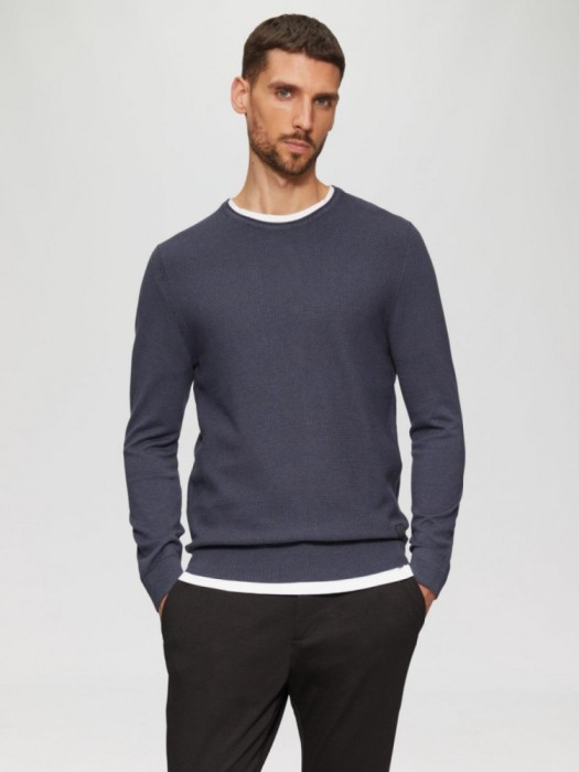 Pulover barbati cu decolteu la baza gatului, Regular fit, Bleumarin inchis, XL