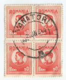 |Romania, LP X.1/1943, Timbre fiscale- postale, 1943, bloc de 4 timbre, oblit., Stampilat