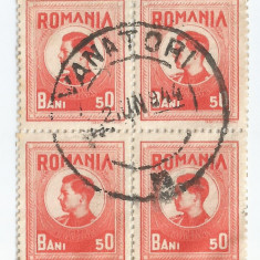 |Romania, LP X.1/1943, Timbre fiscale- postale, 1943, bloc de 4 timbre, oblit.