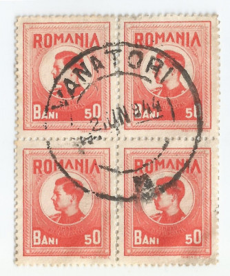 |Romania, LP X.1/1943, Timbre fiscale- postale, 1943, bloc de 4 timbre, oblit. foto