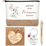 Set Cadou Nașă 6 Piese: Geantă Cosmetică, Breloc, Peniță din Lemn, Inimă din Lemn, Plic &ndash; Cutie Cadou