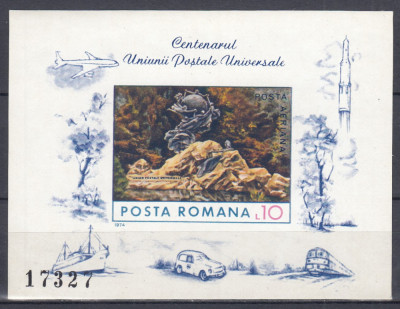 ROMANIA1974 LP 849 CENTENARUL UNIUNII POSTALE UNIVERSALE UPU BLOC NEDANTELAT MNH foto