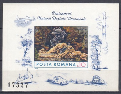 ROMANIA1974 LP 849 CENTENARUL UNIUNII POSTALE UNIVERSALE UPU BLOC NEDANTELAT MNH foto