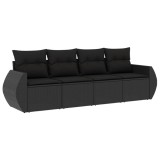 Set mobilier de gradina cu perne, 4 piese, negru, poliratan