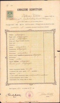 A210 Certificat școlar, 1903, gimnaziul Lugoj, pentru elev rom&amp;acirc;n ortodox, viitorul preot Victor Iclozan, semnat olograf Putnoky Miklos foto