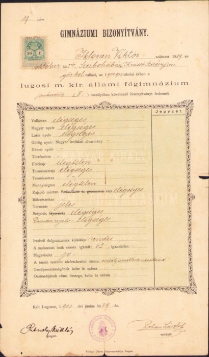 A210 Certificat școlar, 1903, gimnaziul Lugoj, pentru elev rom&acirc;n ortodox, viitorul preot Victor Iclozan, semnat olograf Putnoky Miklos