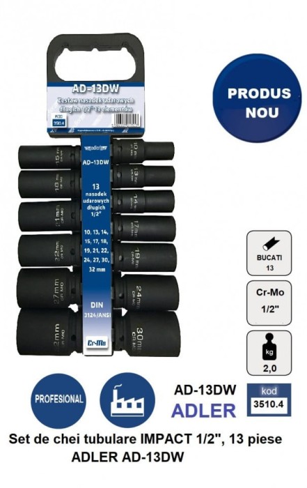 Set de chei tubulare IMPACT 1/2&quot;, 13 piese ADLER AD-13DW varianta lunga