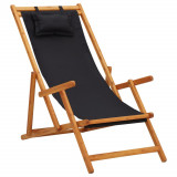 Scaun plaja pliabil vidaXL, lemn eucalipt, negru, 3 pozitii, textil, portabil, gradina, terasa, camping, 60x127x95 cm, max 110 kg