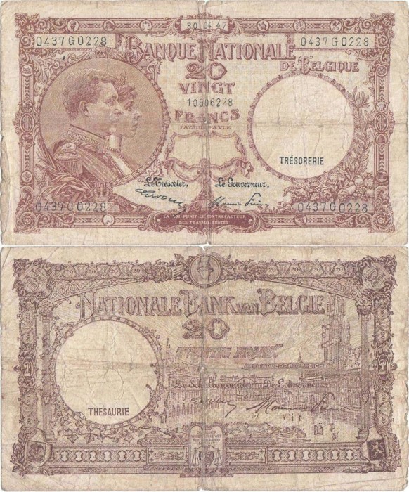 1947 (30 IV), 20 francs (P-111a.28) - Belgia