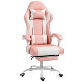 HOMCOM Scaun Gamer cu masaj lombar cu vibrații Reclinabil 155&deg; &Icirc;nălțime Reglabilă Tetieră și Suport Picioare Retractabil Roz | Aosom Romania