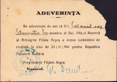 HST A2314 Adeverință jurăm&amp;acirc;nt RPR 1948 Argeș semnat olograf general Gh Dănilă foto