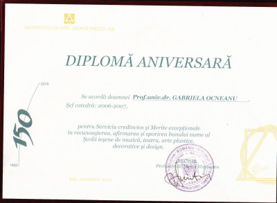 AMS# - DIPLOMA ANIVERSARA PTR. MERITE EXCEPTIONALE UNIVERSITATEA DE ARTE IASI foto