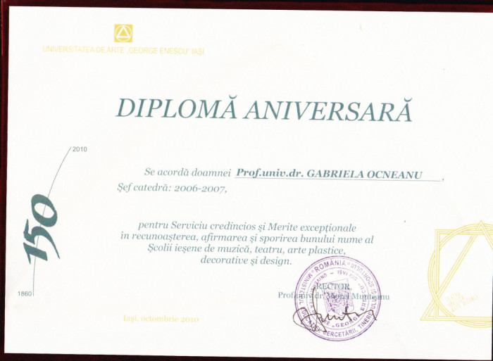 AMS# - DIPLOMA ANIVERSARA PTR. MERITE EXCEPTIONALE UNIVERSITATEA DE ARTE IASI