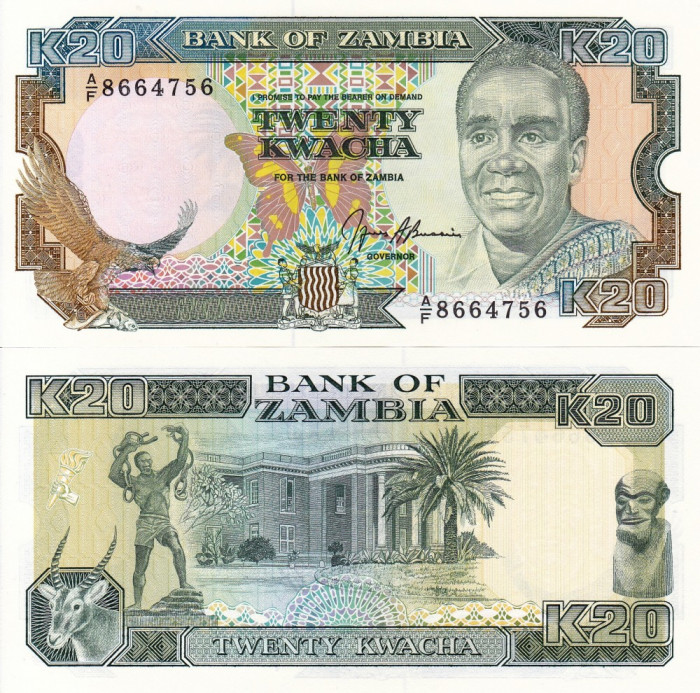 ZAMBIA 20 kwacha ND (1989-91) UNC!!!