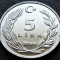 Moneda 5 LIRE - TURCIA, anul 1986 * cod 801 = UNC