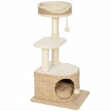 PawHut Copac pentru Pisici Design Modern Stil &Icirc;mpletit cu St&acirc;lp pentru Zg&acirc;riat 4 Niveluri Cuib din Stuf Culcuș din Iută 87 cm Bej | Aosom Romania