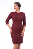 Rochie Burgundy Scurta Jerseu Office Mulata Maneci 3/4, Cusaturi Decorative, Decolteu Rotund, Fermoar, Fabricata in Romania