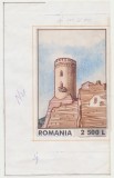 ROMANIA 2001 macheta unicat timbru 400 Ani de la moartea lui Mihai Viteazul - desen original - Turnul Chindiei Targoviste