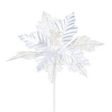 Floare Artificială Crăciun, Catifelată Dantelată, Glitter, Alb, 21 cm, Oem