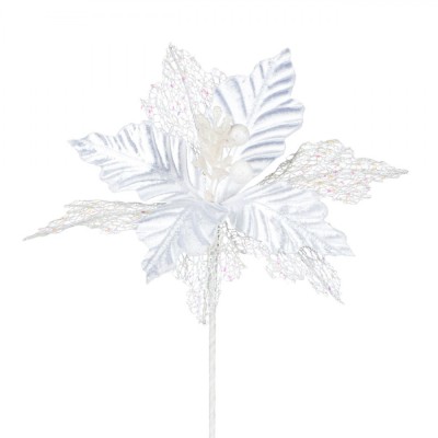 Floare Artificială Crăciun, Catifelată Dantelată, Glitter, Alb, 21 cm foto